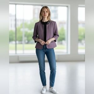 Kim Rogers Chocolate Brown Open Front Blazer Jacket Lined Black trim 12P